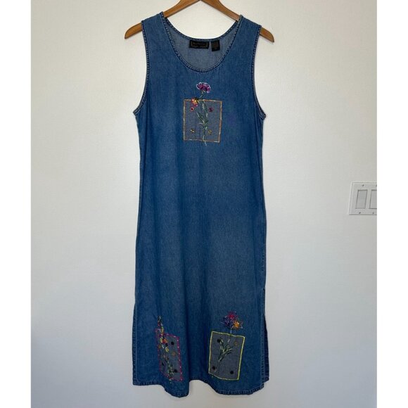 Vintage New Direction Denim Maxi Dress Small Floral Embroidered 2 piece - Picture 4 of 14